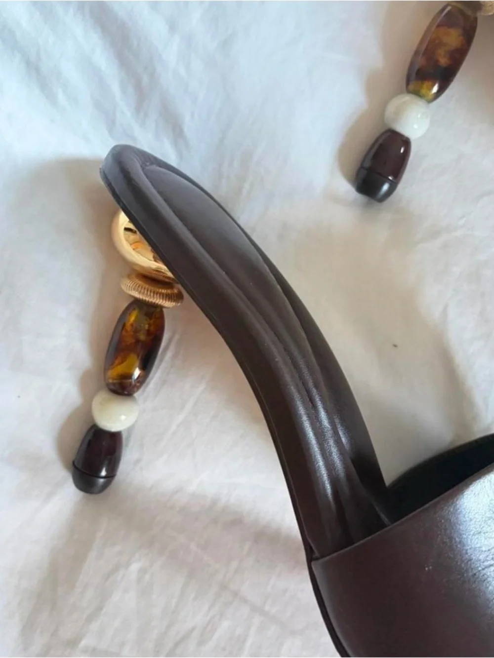 cult gaia Dark Brown Slide Heels with Gold and Cream Beaded Heel - Picture 3 of 4